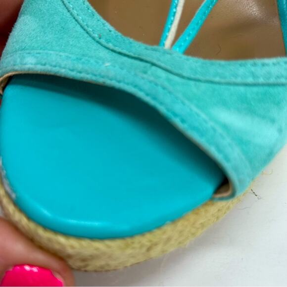 Trina Turk Sueded Leather Lace up Ankle Wrap Wedge Sandals - AQUAMARINE - Picture 10 of 13